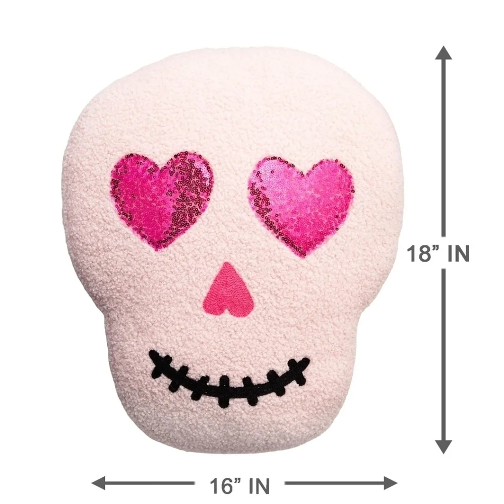 Hey Boo! Pink heart eyes Valentine's Halloween Skull Shaped Throw Pillow, 18x16
